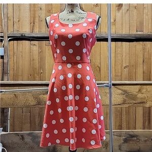 Polka Dot Sleeveless Fit & Flare Dress - Coral with White Dots